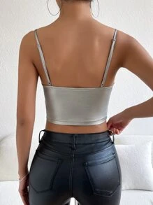 Firerie Solid PU Leather Crop Cami Top - Silver - View 2
