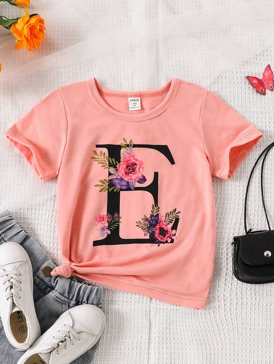 SHEIN 年輕女孩花卉和字母圖形t卹 - 珊瑚粉 - 查看 1