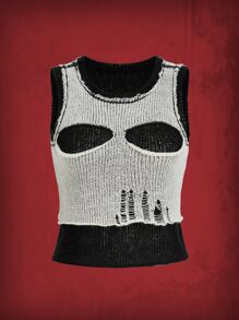 拼色鏤空破洞毛衣背心 - 黑與白 - 查看 1