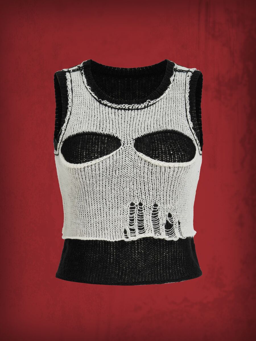 拼色鏤空破洞毛衣背心 - 黑與白 - 查看 1