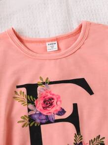 SHEIN 年輕女孩花卉和字母圖形t卹 - 珊瑚粉 - 查看 3