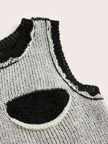 拼色鏤空破洞毛衣背心 - 黑與白 - 查看 2