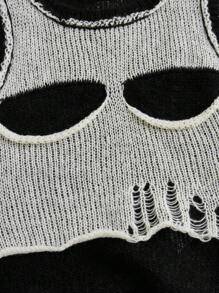 拼色鏤空破洞毛衣背心 - 黑與白 - 查看 3