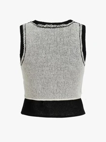 拼色鏤空破洞毛衣背心 - 黑與白 - 查看 4