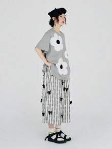 條紋印花前蝴蝶結闊腿褲 - 彩色 - 查看 4