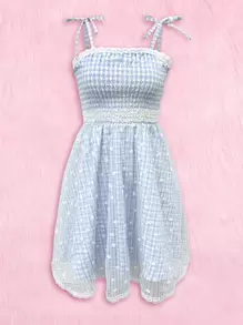 ROMWE Kawaii 花卉和格子印花肩上打結吊帶連衣裙 - 藍白色 - 查看 1