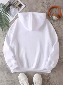 SHEIN EZwear 加大码字母图案袋鼠口袋抽绳保暖内衬卫衣 - 白色 - 查看 2