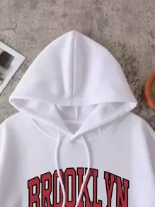 SHEIN EZwear 加大码字母图案袋鼠口袋抽绳保暖内衬卫衣 - 白色 - 查看 7