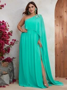 YISIKADO Plus One Shoulder Appliques Detail Split Thigh Chiffon Dress - Mint Blue - View 1