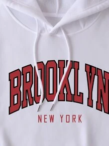 SHEIN EZwear 加大码字母图案袋鼠口袋抽绳保暖内衬卫衣 - 白色 - 查看 8