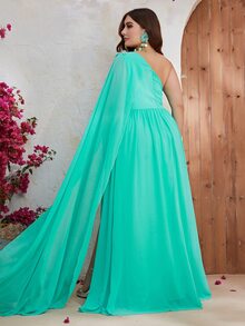 YISIKADO Plus One Shoulder Appliques Detail Split Thigh Chiffon Dress - Mint Blue - View 2