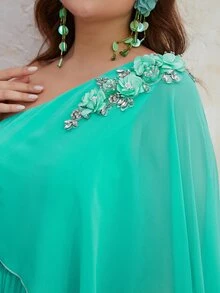 YISIKADO Plus One Shoulder Appliques Detail Split Thigh Chiffon Dress - Mint Blue - View 3