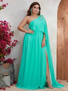 YISIKADO Plus One Shoulder Appliques Detail Split Thigh Chiffon Dress - Mint Blue - View 4