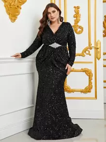 Faeriesty Women's Deep V-Neck Sequin Mermaid Evening Gown With Elegant Fishtail Hemline - Perfect For Black Tie Galas, Wedding Receptions, Red Carpet Events, Luxury Banquets, And Bridal Portrait Photography - Black - View 5