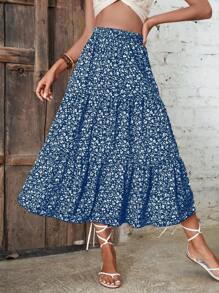 SHEIN VCAY 小碎花荷葉邊半身裙 - 藍色 - 查看 1