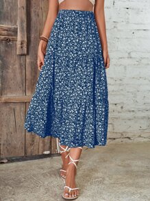 SHEIN VCAY 小碎花荷葉邊半身裙 - 藍色 - 查看 6