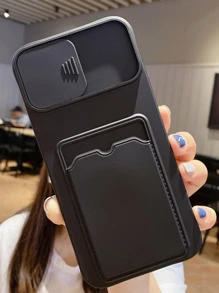 素色防摔插卡槽手機殼帶推拉鏡片套 - 黑色 - 查看 4