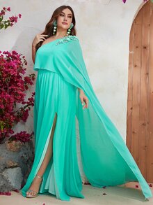 YISIKADO Plus One Shoulder Appliques Detail Split Thigh Chiffon Dress - Mint Blue - View 6