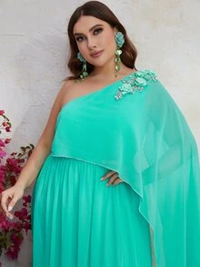 YISIKADO Plus One Shoulder Appliques Detail Split Thigh Chiffon Dress - Mint Blue - View 7