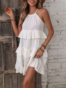 Chiquease 荷葉邊繞頸吊帶連衣裙 - 白色 - 查看 6