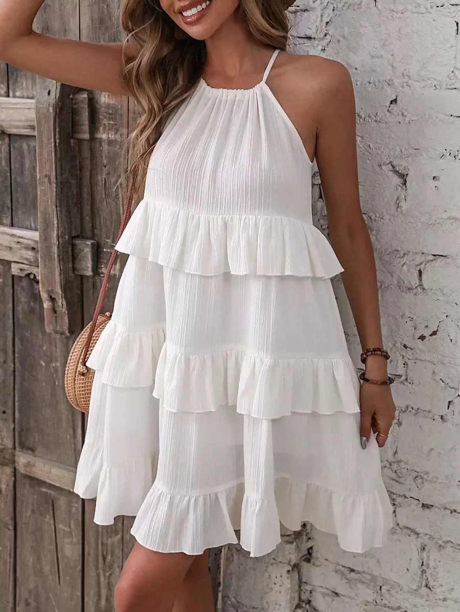 Chiquease 荷葉邊繞頸吊帶連衣裙 - 白色 - 查看 1