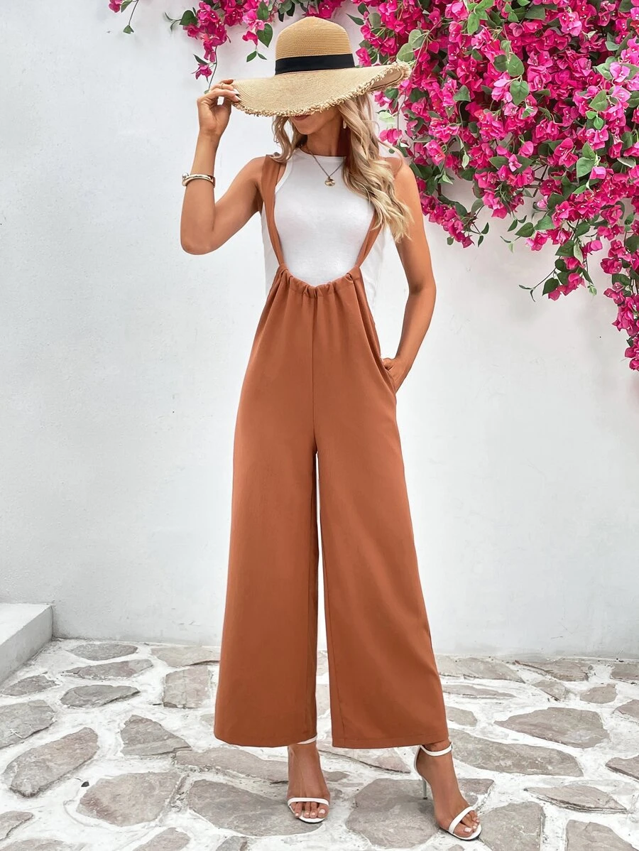 SHEIN VCAY Wide Leg Overall Jumpsuit Without Tee - Burnt Orange - View 1