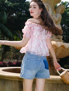 Gonnellini in denim con tasche a patta di colore unito - Blu - Visualizzare 2