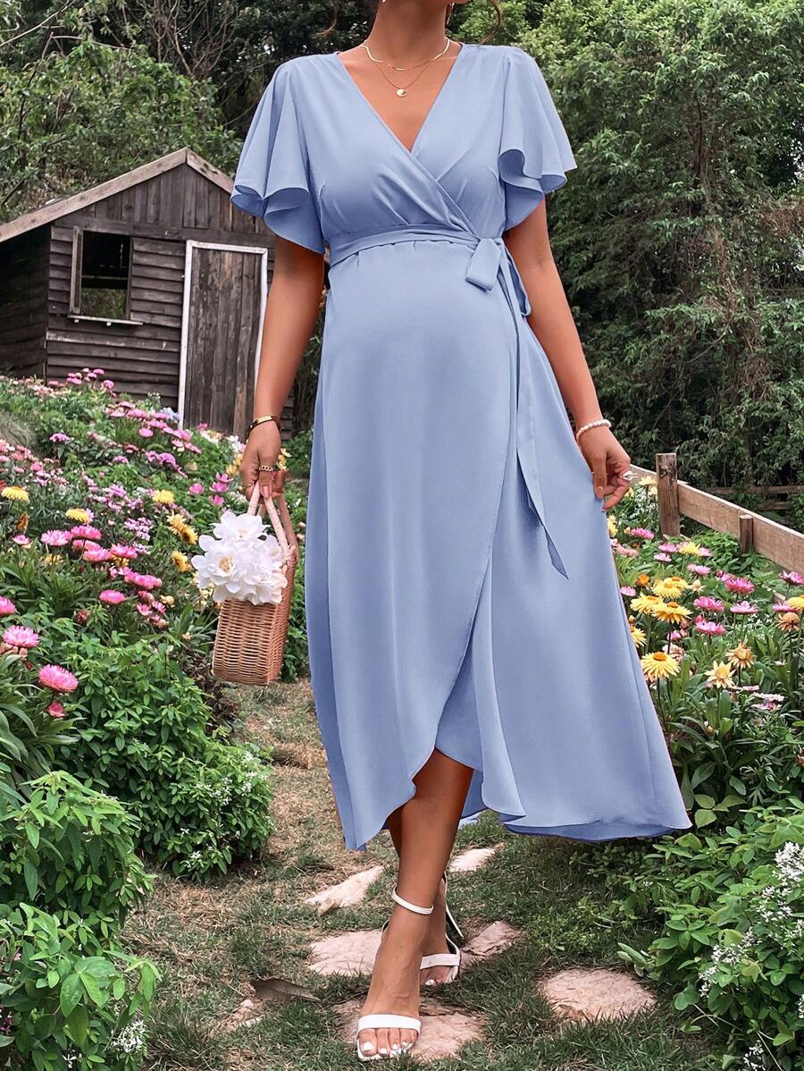 SHEIN 孕婦蝴蝶袖腰帶圍裹式洋裝