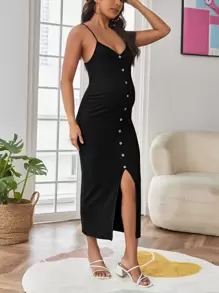 SHEIN Maternity Button Front Cami Dress - Black - View 4