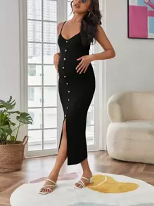 SHEIN Maternity Button Front Cami Dress - Black - View 6