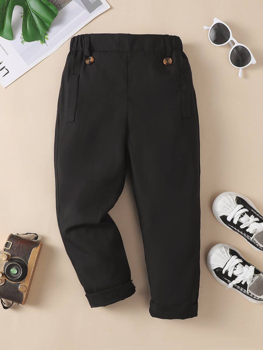 SHEIN 小男孩 1入組直筒紐帶門襟休閒斜紋棉布褲，夏季 - 黑色 - 查看 1