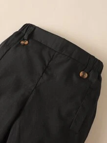 SHEIN 小男孩 1入組直筒紐帶門襟休閒斜紋棉布褲，夏季 - 黑色 - 查看 5