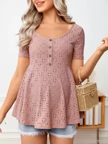 SHEIN 孕婦前紐扣網眼刺繡荷葉邊下擺T恤