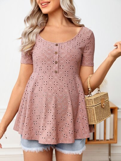 SHEIN 孕婦前紐扣網眼刺繡荷葉邊下擺T恤