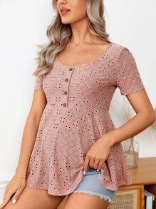 SHEIN 孕婦前紐扣網眼刺繡荷葉邊下擺T恤