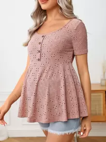 SHEIN 孕婦前紐扣網眼刺繡荷葉邊下擺T恤