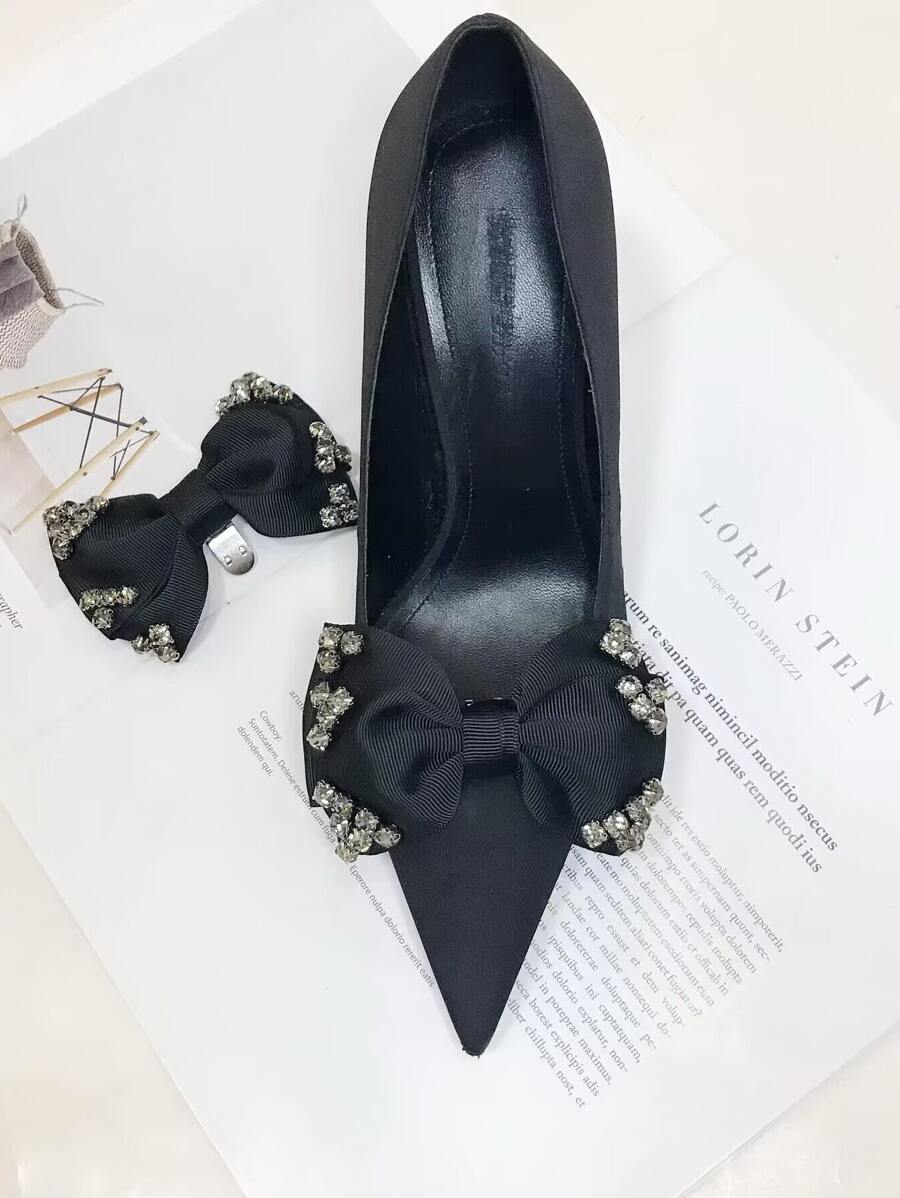 2pcs Bow Design Shoe Decoration, Polyester Black Accessories For Pumps - Black - View 1