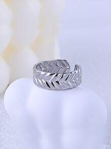 1pc Leaf Textured 304 Stainless Steel Open Ring, Women Stainless Steel Adjustable Ring