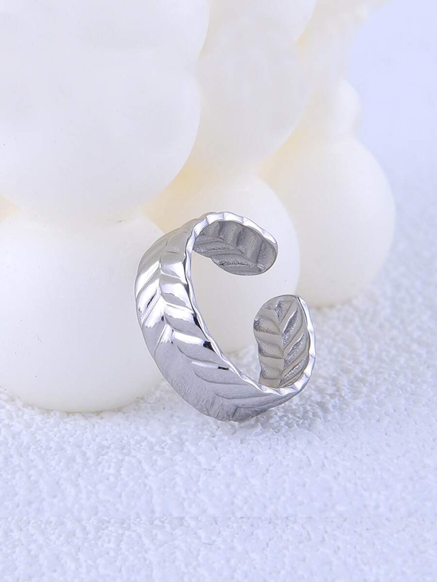 1pc Leaf Textured 304 Stainless Steel Open Ring, Women Stainless Steel Adjustable Ring