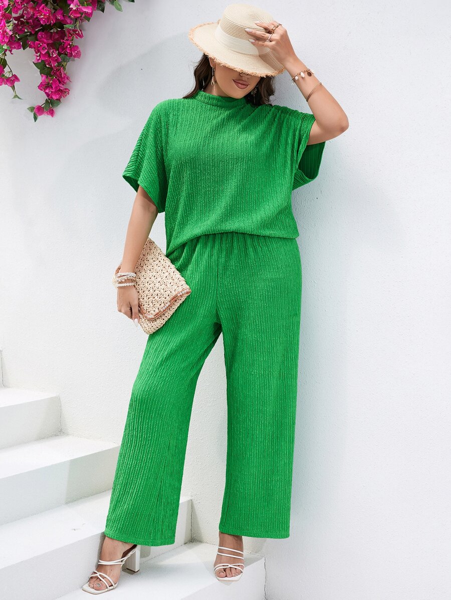 SHEIN de cuello alto de manga murciélago Camiseta & Pantalones de pierna ancha - Verde - Ver 1