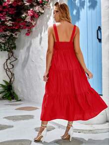 SHEIN Váy Bà bầu Lộ Lưng Viên lá sen Dải chun màu trơn Boho - Đỏ - Xem 2