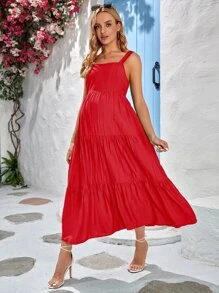 SHEIN Váy Bà bầu Lộ Lưng Viên lá sen Dải chun màu trơn Boho - Đỏ - Xem 5