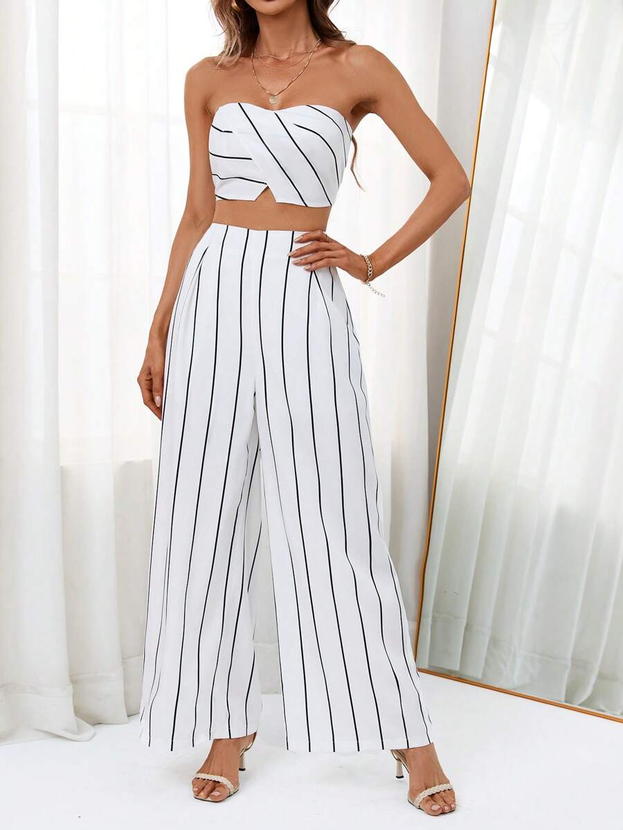 SHEIN Privé 條紋印花抹胸上衣和闊腿褲 - 白色 - 查看 1