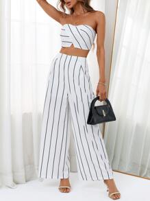 SHEIN Privé 條紋印花抹胸上衣和闊腿褲 - 白色 - 查看 3