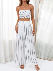 SHEIN Privé 條紋印花抹胸上衣和闊腿褲 - 白色 - 查看 4