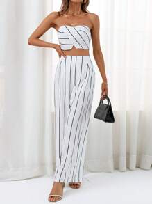 SHEIN Privé 條紋印花抹胸上衣和闊腿褲 - 白色 - 查看 5