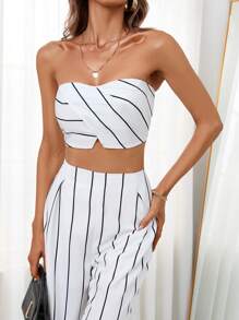 SHEIN Privé 條紋印花抹胸上衣和闊腿褲 - 白色 - 查看 6