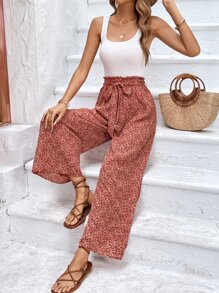 SHEIN Frenchy Quần ống rộng thắt lưng họa tiết hoa nhỏ xinh dành cho nữ - Đỏ - Xem 1