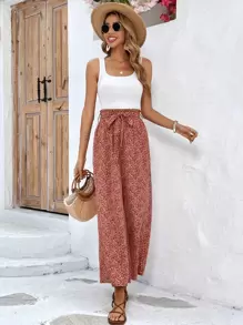 SHEIN Frenchy Quần ống rộng thắt lưng họa tiết hoa nhỏ xinh dành cho nữ - Đỏ - Xem 3