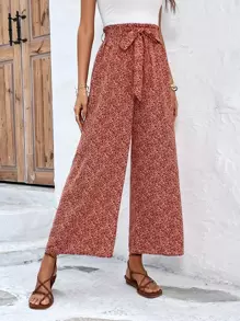 SHEIN Frenchy Quần ống rộng thắt lưng họa tiết hoa nhỏ xinh dành cho nữ - Đỏ - Xem 4